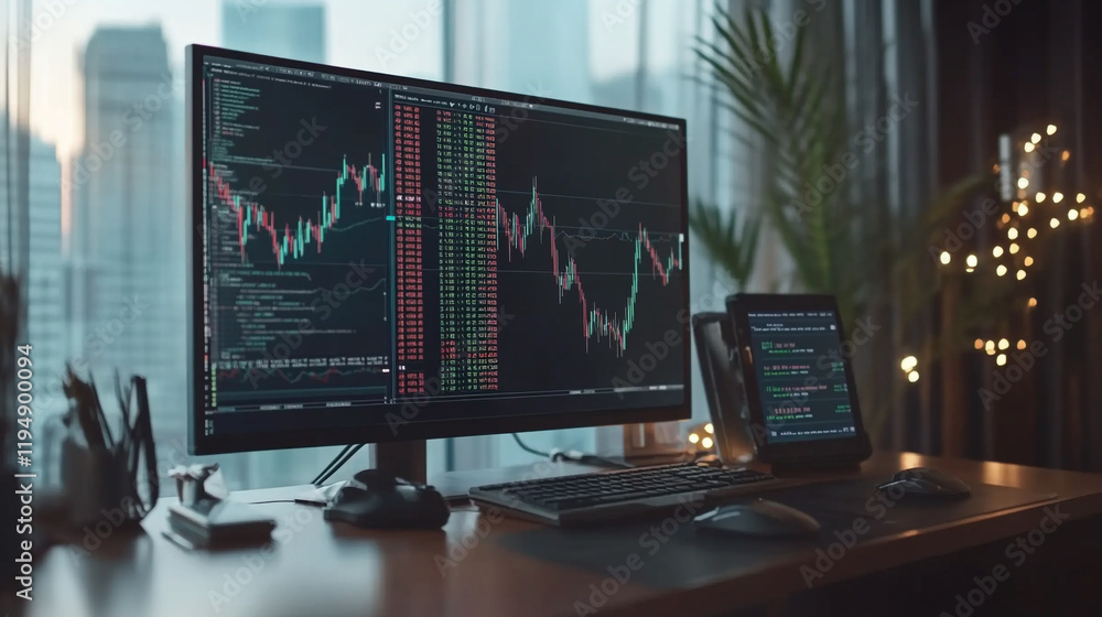 Poster trading setup in a modern office with multiple screens and city skyline view