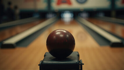 Bowling ball positioned on lane before a toss in a bowling alley during an evening game