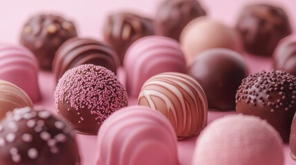 Obraz premium Assortment of Delicate and Colorful Chocolate Bonbons on a Soft Pink Background, Featuring Various Textures and Decorated with Toppings for a Sweet Treat Concept