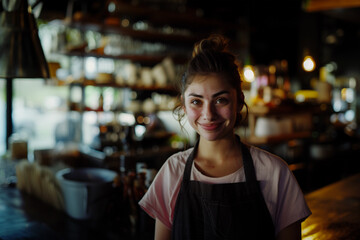 Friendly waitress in rustic cafe setting. Generative AI image