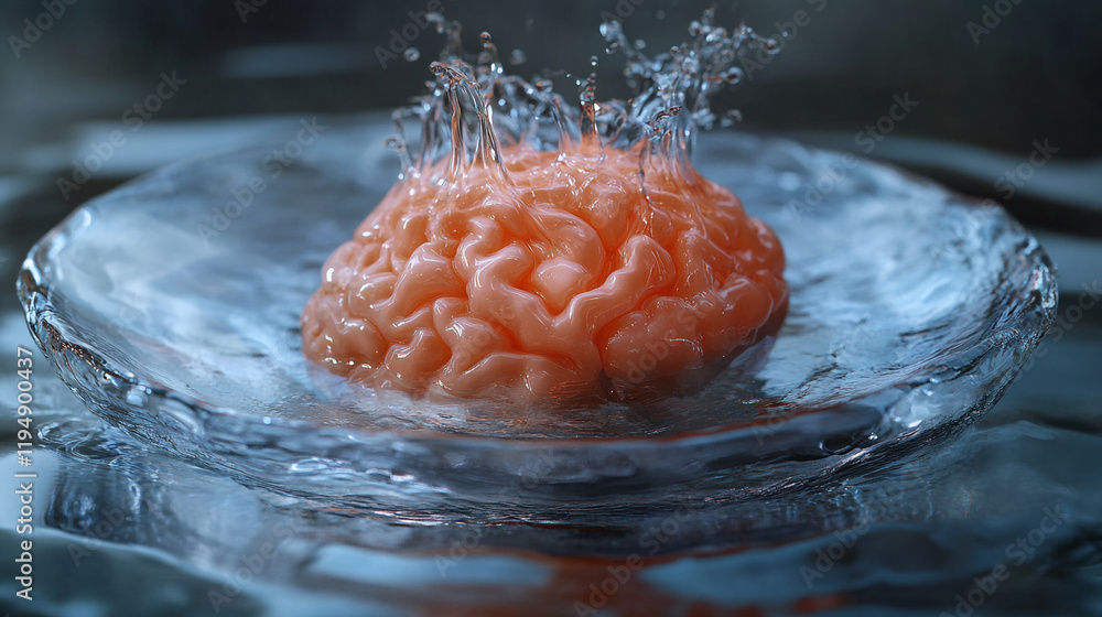 Poster unique artistic representation of a brain splashing in water creating captivating ripples