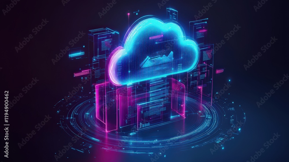 Poster concept of using artificial intelligence in cloud computing with neon laser effects and futuristic d