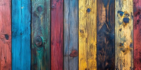 Fototapeta premium Colorful vertical wooden planks in vibrant red blue green yellow and brown hues arranged in a rustic pattern ideal for decoration or text display