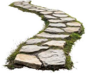 Curved stone pathway with grass edges, ideal for gardens or landscapes. This serene walkway adds natural touch to outdoor spaces, inviting exploration and tranquility