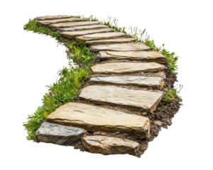 Curved stone pathway with grass edges, perfect for gardens or landscaping. This natural stone path adds charm and elegance to outdoor spaces, enhancing beauty of any garden