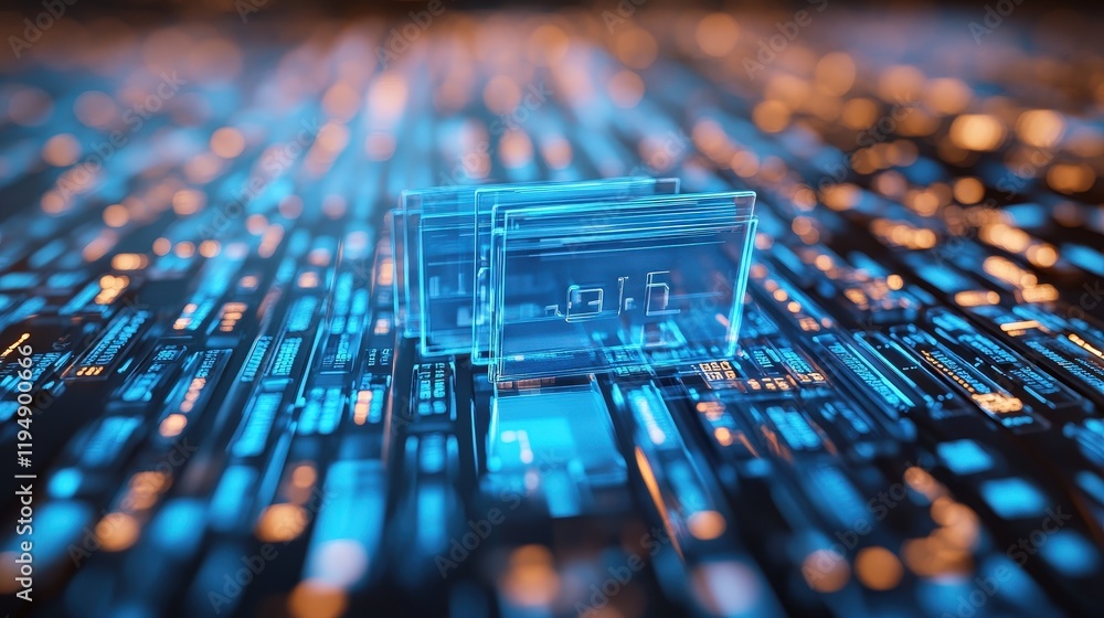 Poster digital database concept with abstract holographic documents on a glowing technological background r