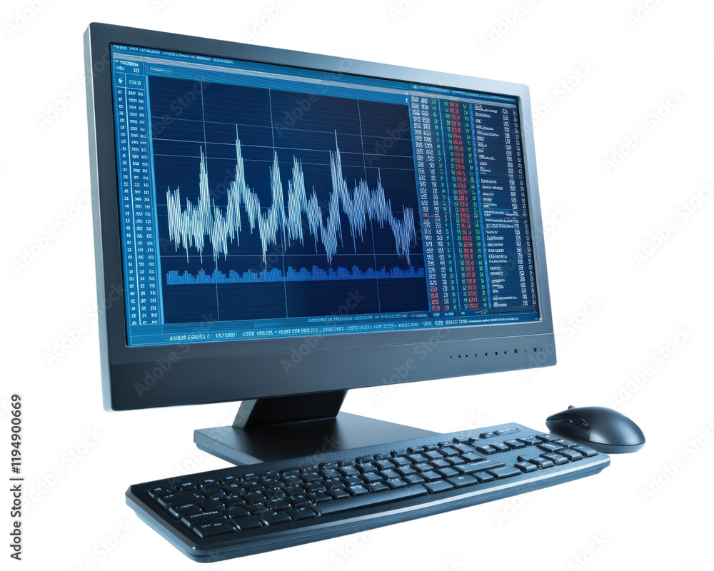 Poster business computer displaying stock market graphs and data analysis, showcasing financial trends and 