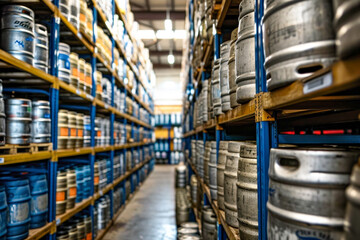 Rows of Stacked Beer Kegs in a Brewery Warehouse Awaiting Distri