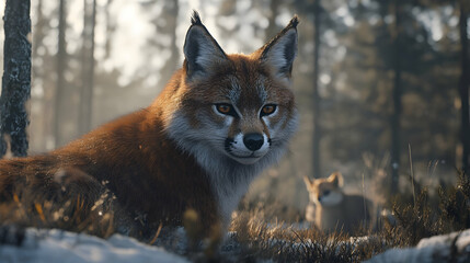 Fototapeta premium Realistic Illustration Foxes in Snowy Winter Forest