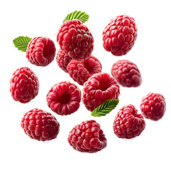 Red Raspberries Falling Isolated on White Background