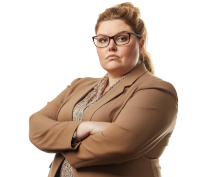 Confident businesswoman with glasses, arms crossed, serious expression, isolated on transparency background