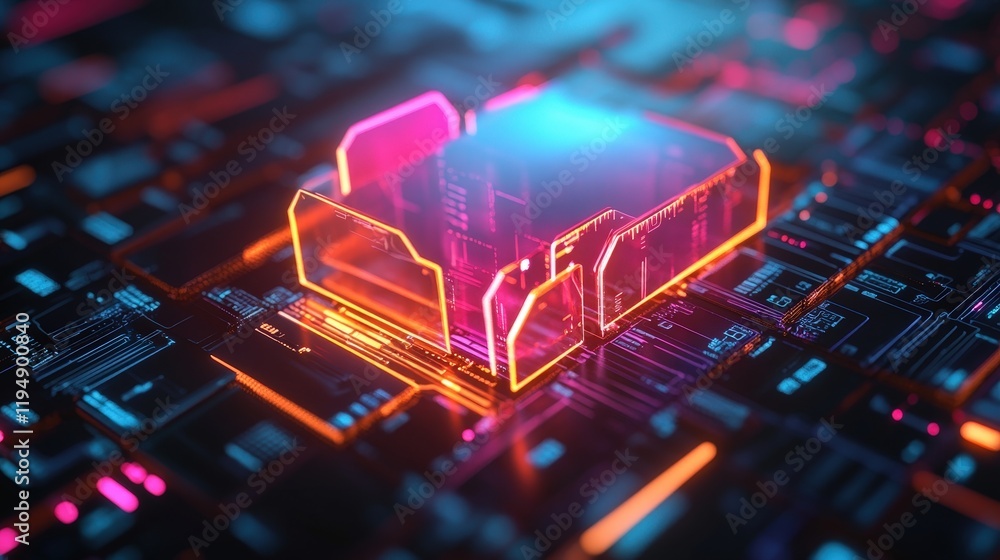 Poster abstract futuristic representation of digital database technology featuring vibrant neon colors symb