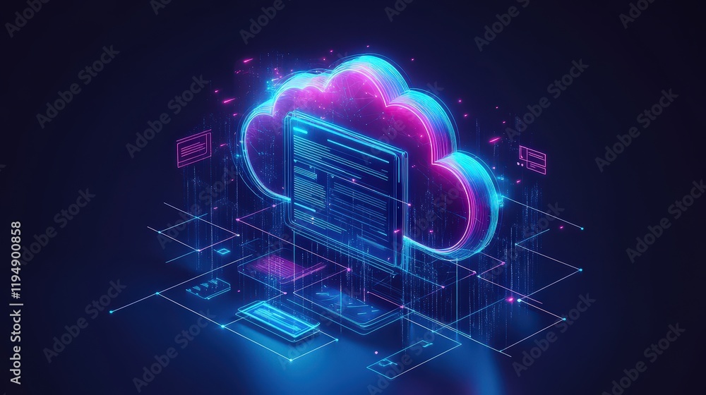 Poster concept of using artificial intelligence for cloud computing with colorful digital illustrations and