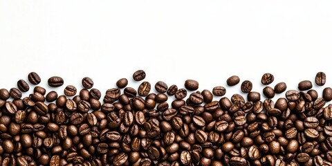 Obraz premium Roasted coffee beans spread across a white background with rich brown tones providing ample space for design and messaging at the top.