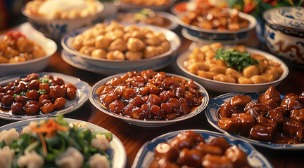 Obraz premium A dinner table full of tasty, delicious, scrumptious Chinese food.