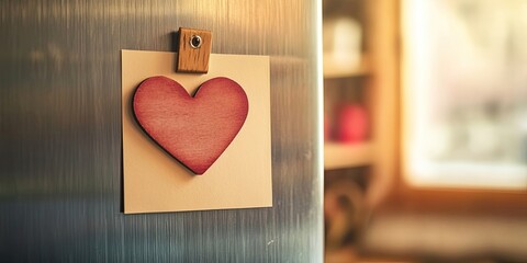 Wooden heart clip on blank paper note attached to a refrigerator door with a soft focus background creating a warm, inviting atmosphere.