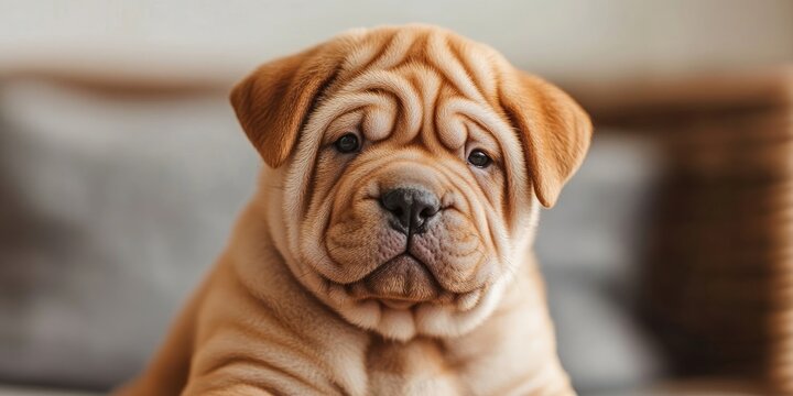 Cute Shar Pei puppy with wrinkled tan fur sitting against a blurred background with soft neutral tones and a light texture on the surface.