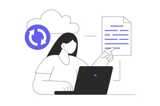 Cloud computing concept. Using online sync service, downloading digital document files for backup with internet protection, sharing content. Flat Cartoon Vector Illustration, icon. Stylish abstract