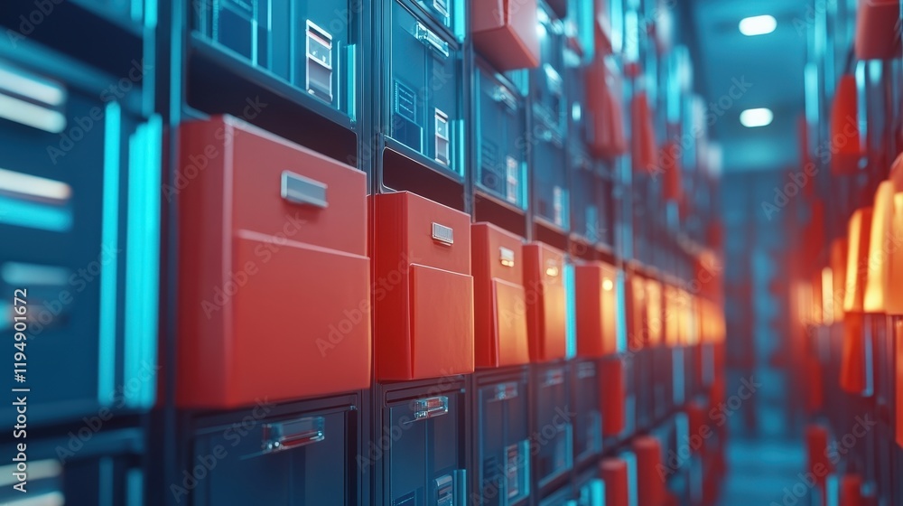 Poster digital archive concept with colorful filing cabinets and documents in an organized office space for