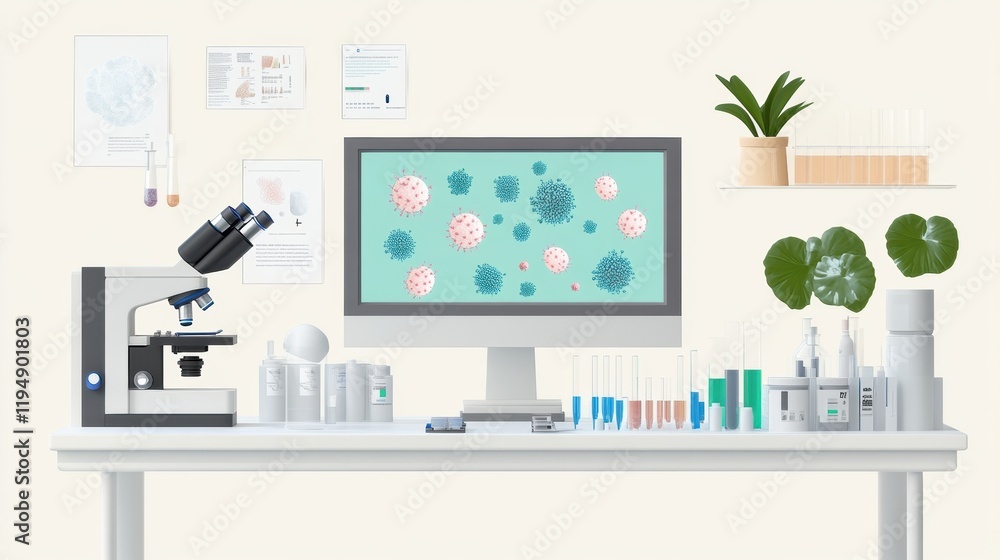Poster laboratory setup showcasing microscopes, test tubes, and bacteria visuals on a monitor in a scientif