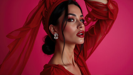Elegant woman poses with a vibrant red outfit against a vivid pink backdrop while showcasing her striking makeup