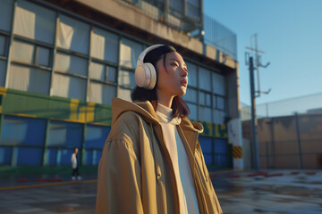 Naklejka premium Urban woman enjoying music with headphones in sunset light. Generative AI image