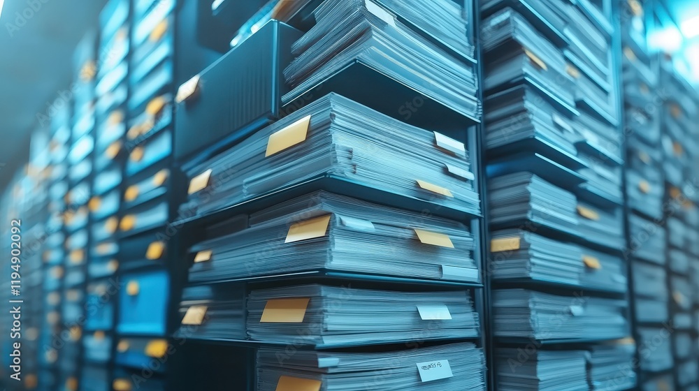 Poster concept of digital document approval process with stacked files in modern office environment showcas