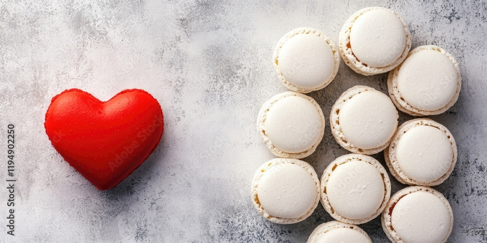 Poster aerial view of white macarons arranged in a grid with a red heart on a textured gray background spac