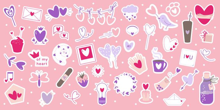 Vector set Valentines day, love season stickers with heart shape elements. Various icons such as hearts, stars, speech bubbles, arrows, crowns, flowers, balloons, birds, garland, cups, cat paw, hands. - Powered by Adobe