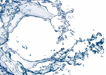 白い背景に流れる青い波と水しぶきの3dイラスト