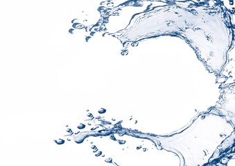 白い背景に流れる青い波と水しぶきの3dイラスト