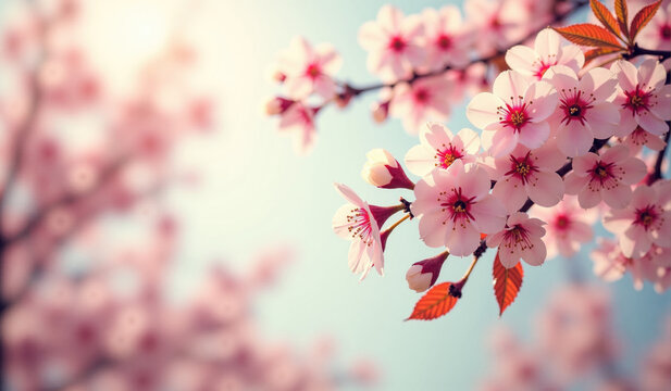 Cherry blossoms bloom in spring, creating a vibrant display of pink flowers against a clear blue sky