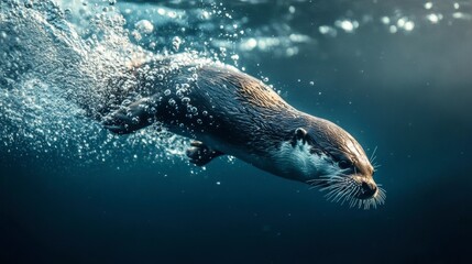 Naklejka premium A close-up of a Eurasian otter diving underwater, with air bubbles trailing behind