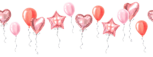 Seamless border of pink air balloons. Hand drawn watercolor illustration of party decor on isolated background. Banner for website, postcards, decoration of children's rooms and party, Baby shower.