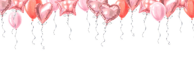 Horizontal banner with flying helium balloons with blank space for greeting text. Hand drawn watercolor illustration of party decor on isolated background. Template for birthday, sale, invitation.