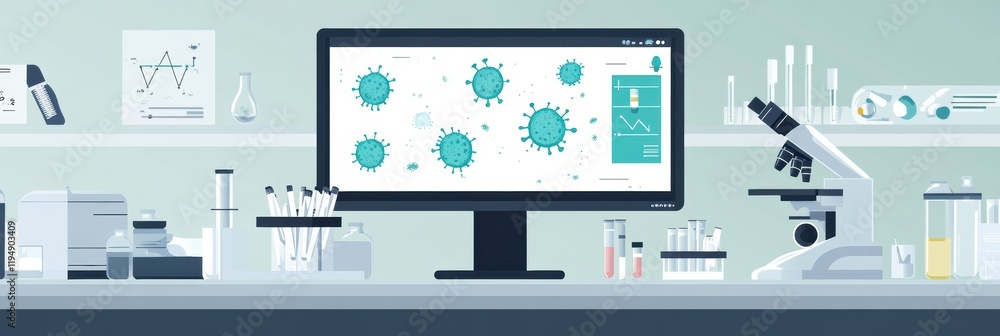 Fototapete modern laboratory workspace with microscopes, test tubes, and digital bacteria visuals displayed on 