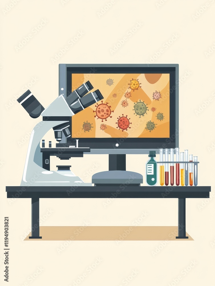 Leinwandbilder laboratory equipped with microscopes and test tubes reveals bacteria visuals on a monitor. generativ