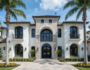 Obraz premium Luxurious Contemporary Home Exterior With Elegant Landscaping And Blue Sky Setting
