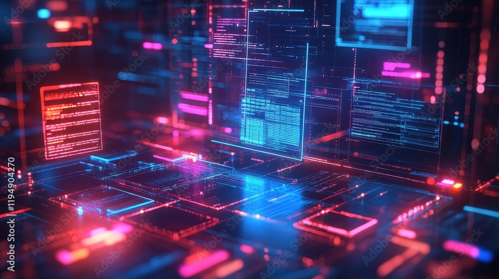 Poster digital concept of online ai document approval process with futuristic data visualization and neon c
