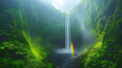 Lush green waterfall with rainbow mist.