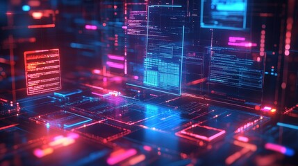 Obraz premium Digital Concept of Online AI Document Approval Process with Futuristic Data Visualization and Neon Colors for Technology and Business Themes