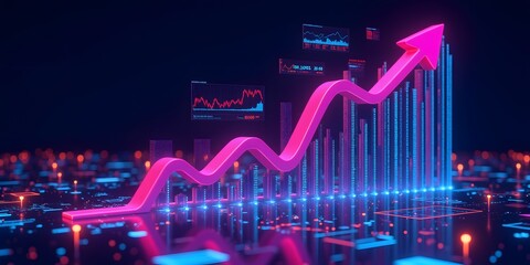 Financial Growth: Neon Pink Arrow Soars, Reflecting Market Success.  Data Visuals Illuminate a Bright Future!