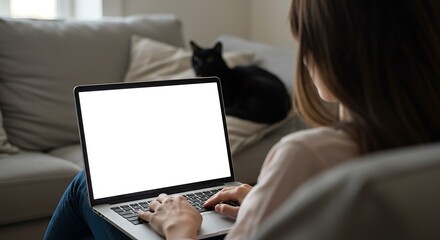 Naklejka na ściany i meble Mockup white screen laptop woman using computer and pet cat lying on sofa at home, back view, focus on screen