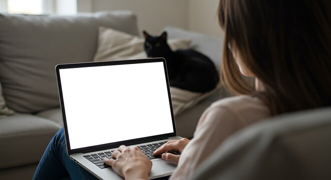 Mockup white screen laptop woman using computer and pet cat lying on sofa at home, back view, focus on screen