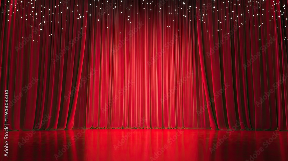 Poster a bold red backdrop with sparkling bokeh light effects and smooth gradient transitions.