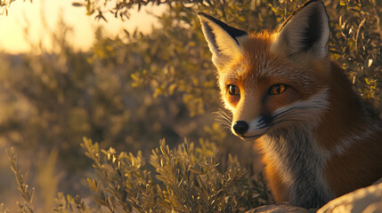 Obraz premium Realistic Illustration - Fox in Sunset Landscape, Wildlife, Nature