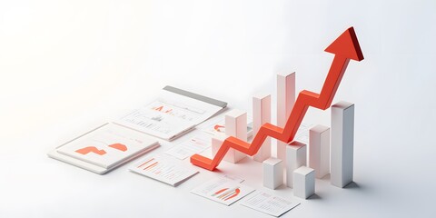 Upward Trend:  Financial Growth Visualization.  A bright red arrow soars above a bar graph, depicting exponential business success and positive market trends.
