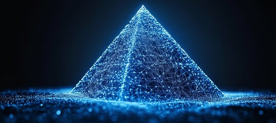 Digital Pyramid Structure Glowing On Blue Particles Background, Network Technology Concept.