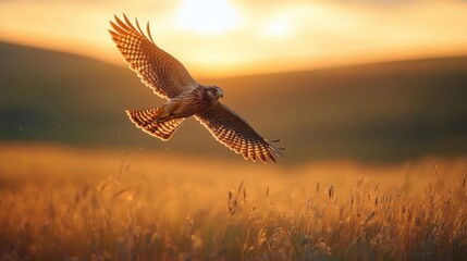 A hawk soaring at sunset.