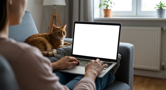 Mockup white screen laptop woman using computer and pet cat lying on sofa at home, back view, focus on screen